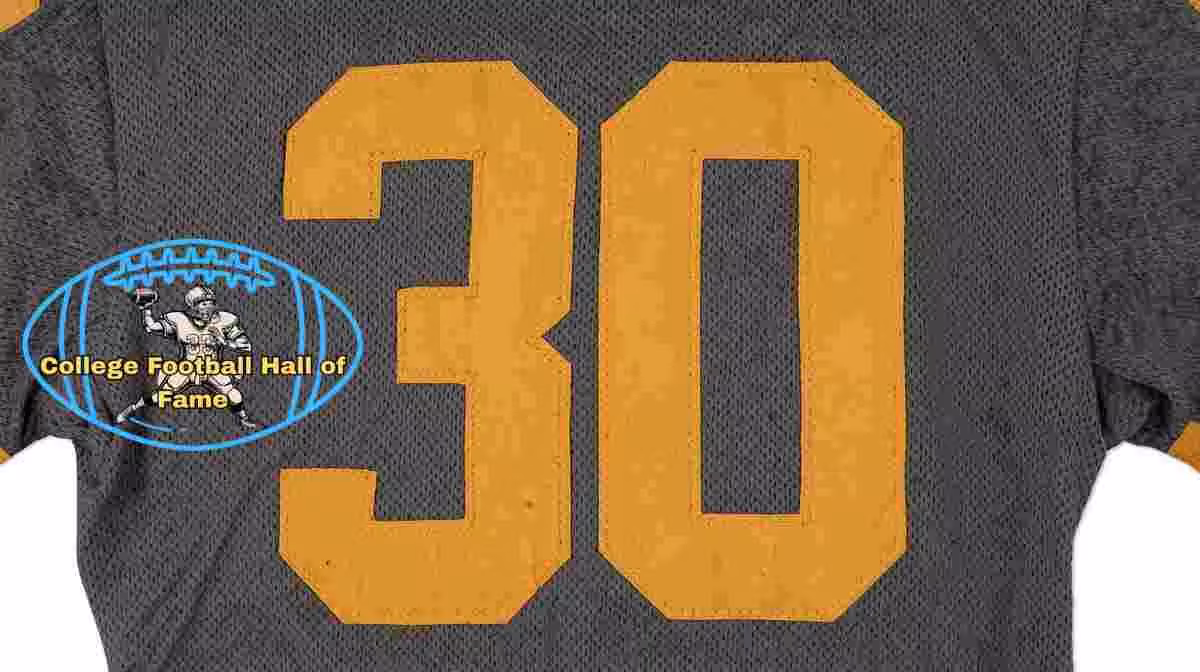 Image of a blue with gold numerals Nebraska football Jersey number 30 rendering with PD College football HOF emblem.