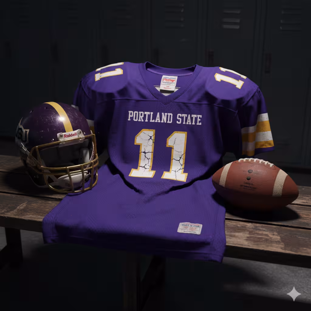Image of a purple Portland State football Jersey number 11 with a football helmet and ball.
