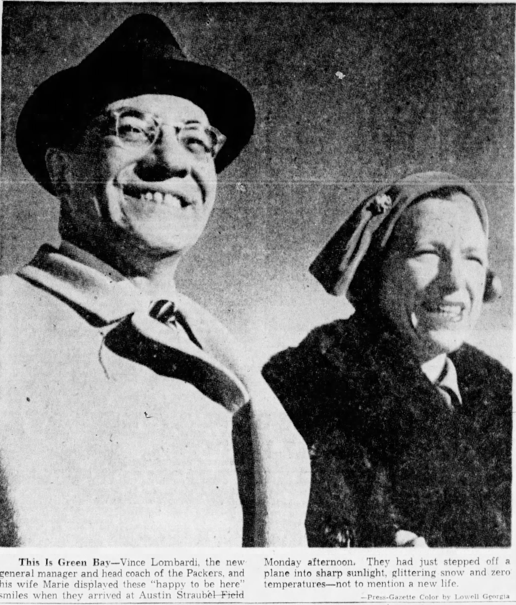black and white image of a smiling Vince Lombardi and his wife Marie as the coach Takes Green Bay Job 1959