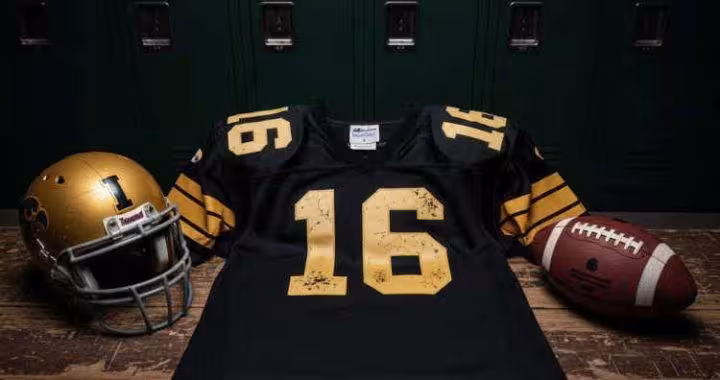 Image of a Black Iowa football Jersey number 16 with a football helmet and ball.