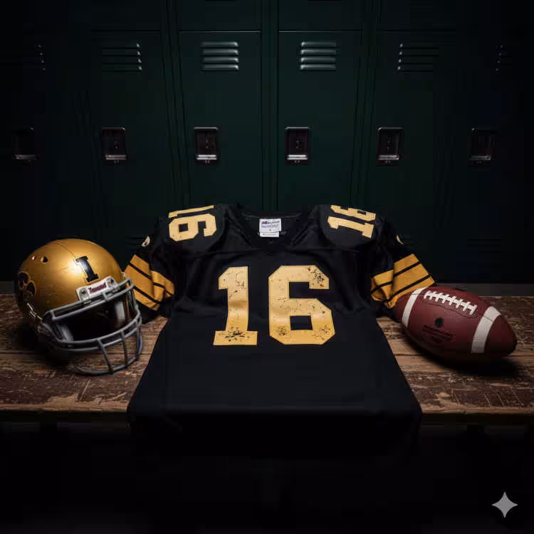 Image of a Black Iowa football Jersey number 16 with a football helmet and ball.