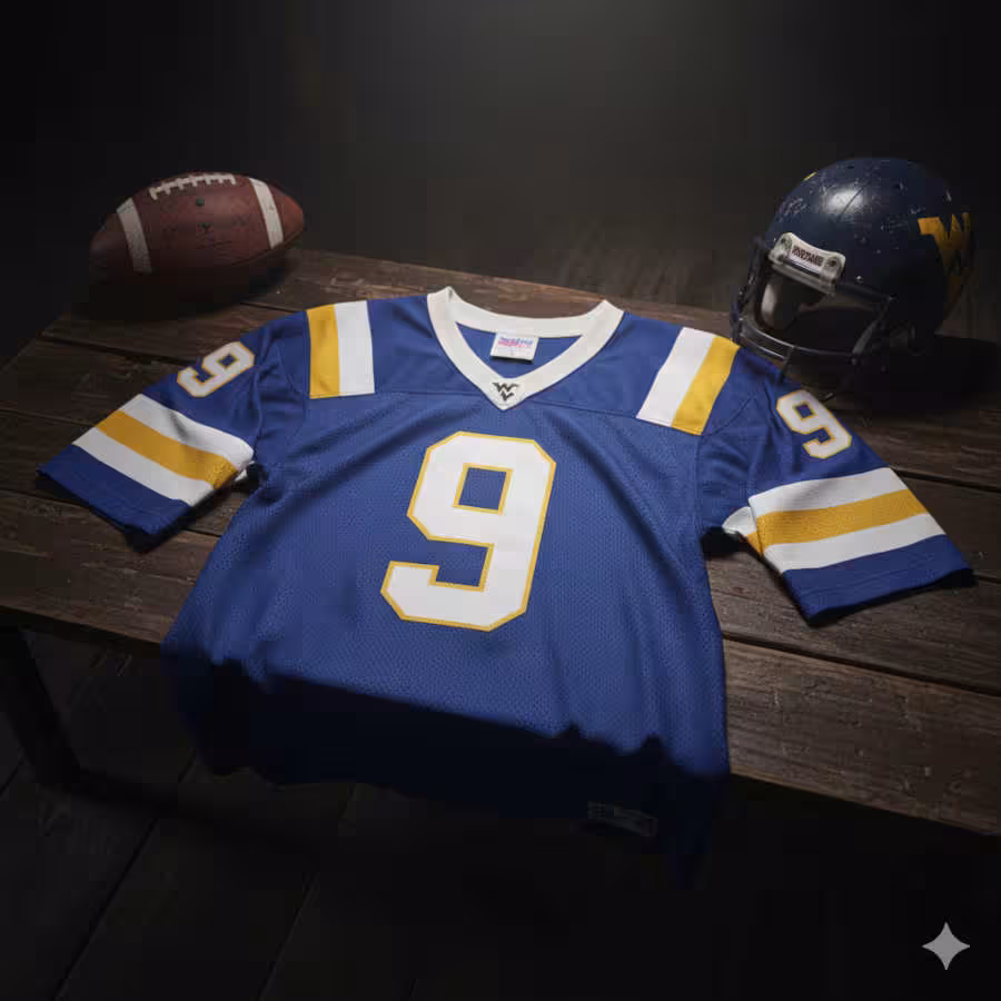 Image of a blue West Virginia football Jersey number 9 with a football helmet and ball.