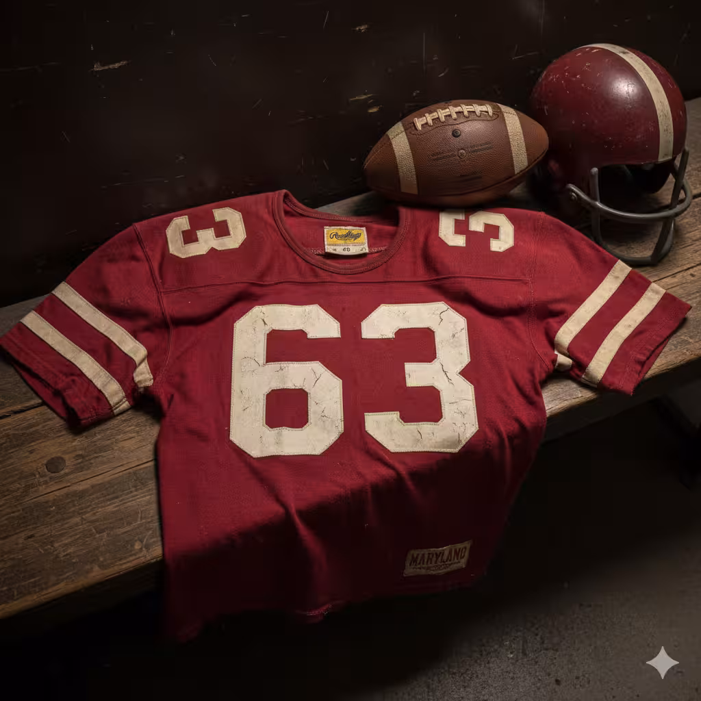 Image of a red rendering with football Jersey number 63 with a football helmet and ball.