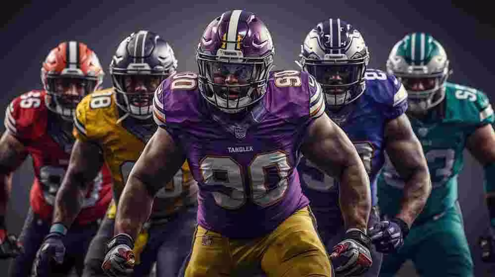 AI generated image of American football players in a football action pose wearing different colored number 90 jerseys.