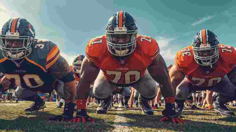 AI generated image of American football players in a football action pose wearing different colored number 70 jerseys.