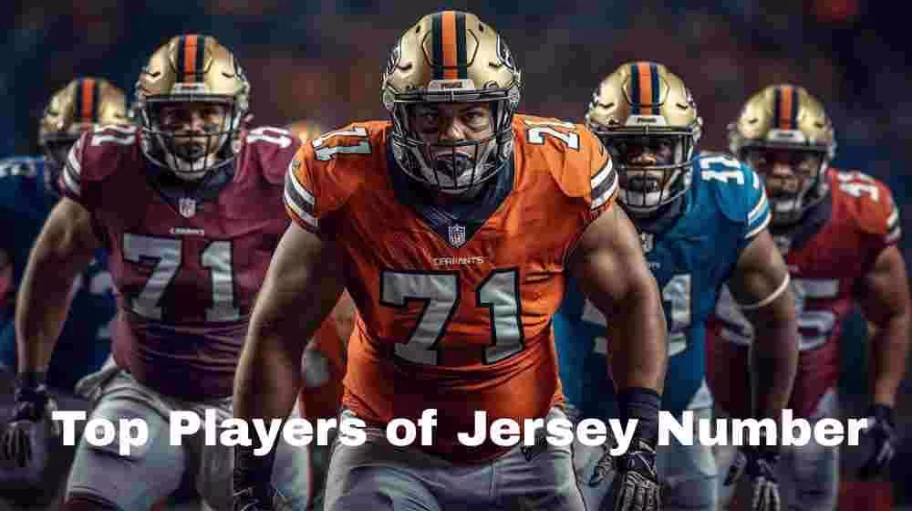 AI generated image of American football players in a football action pose wearing different colored number 71 jerseys.