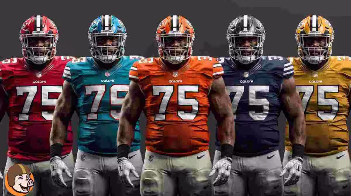 AI generated image of American football players in a football action pose wearing different colored number 75 jerseys.