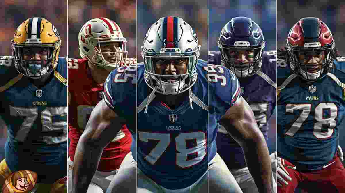 AI generated image of American football players in a football action pose wearing different colored number 78 jerseys.