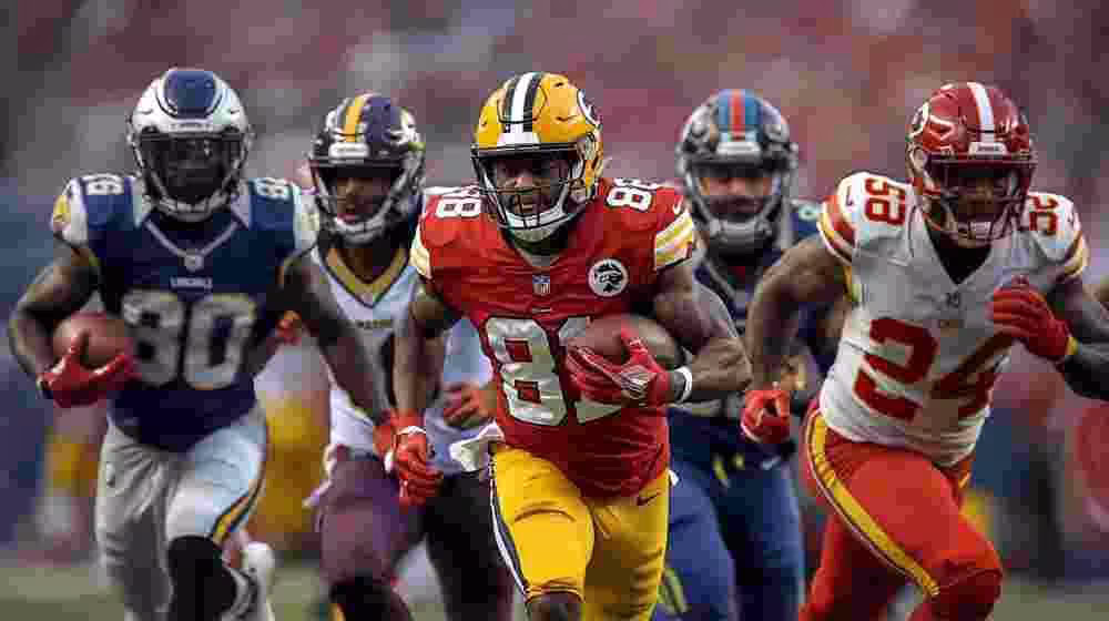 AI generated image of American football players in a football action poses wearing different colored jerseys.