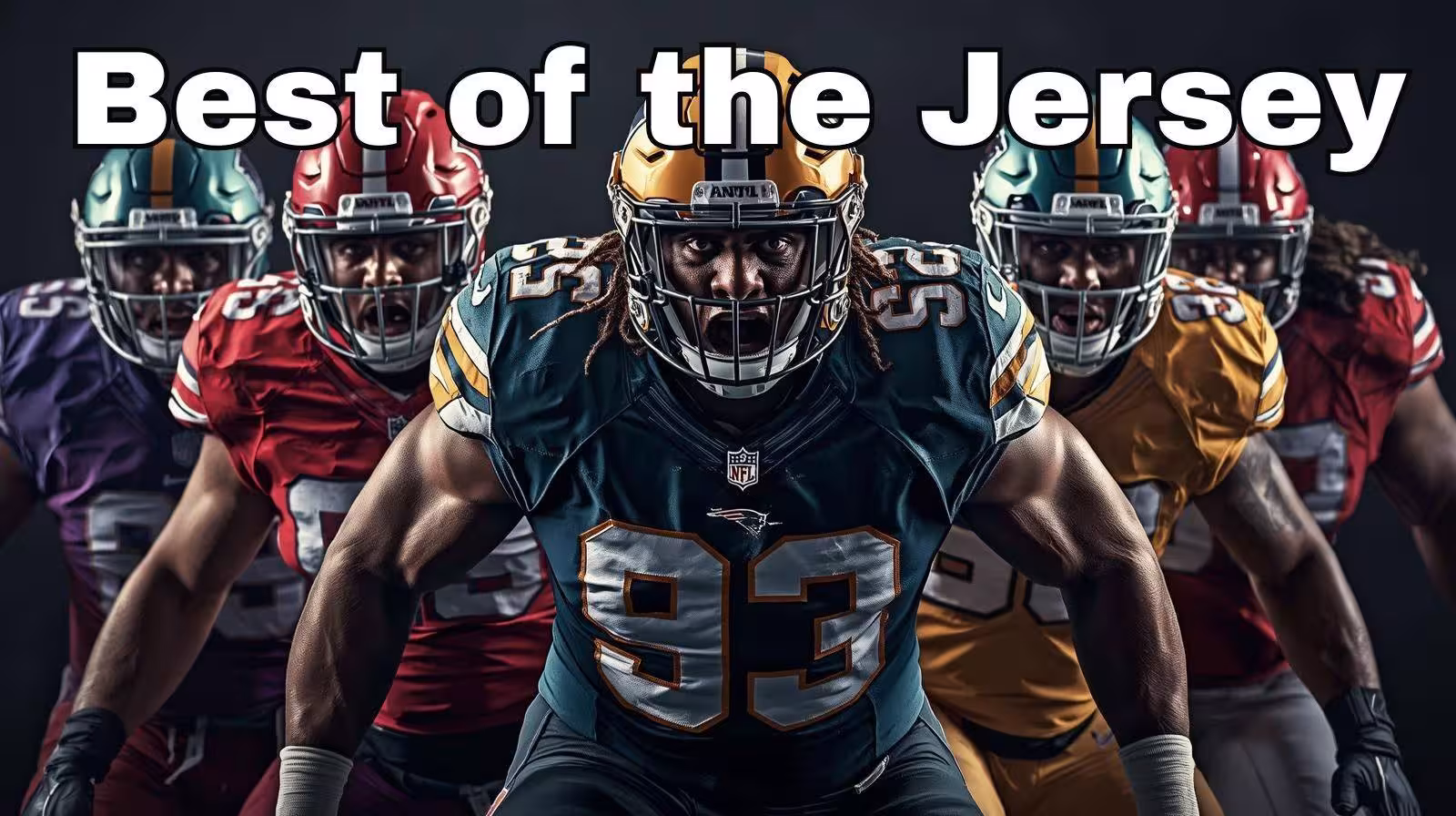 AI generated image of American football players in a football action pose wearing different colored number 93 jerseys.