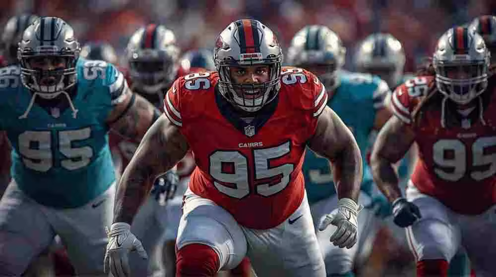 AI generated image of American football players in a football action pose wearing different colored number 95 jerseys.