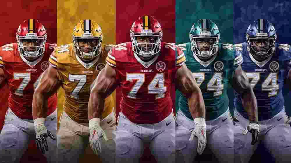 AI generated image of American football players in a football action pose wearing different colored number 74 jerseys.
