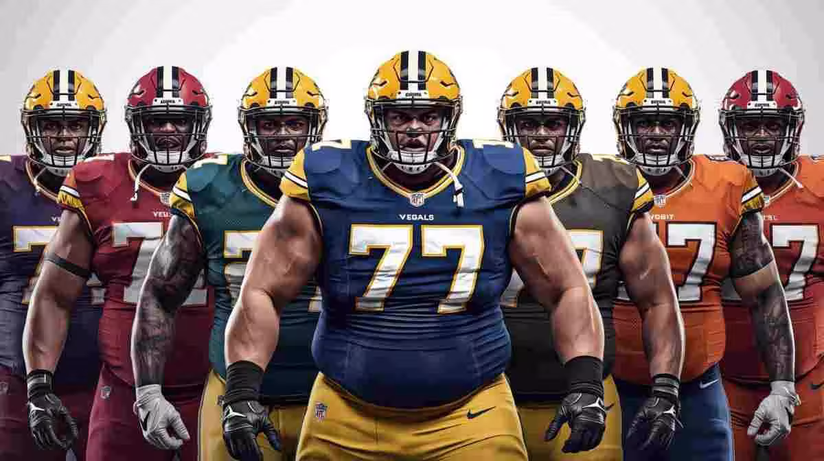 AI generated image of American football players in a football action pose wearing different colored number 77 jerseys.
