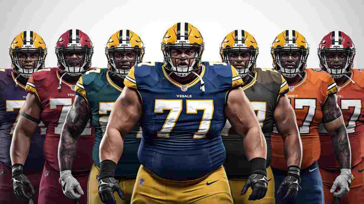 AI generated image of American football players in a football action pose wearing different colored number 77 jerseys.