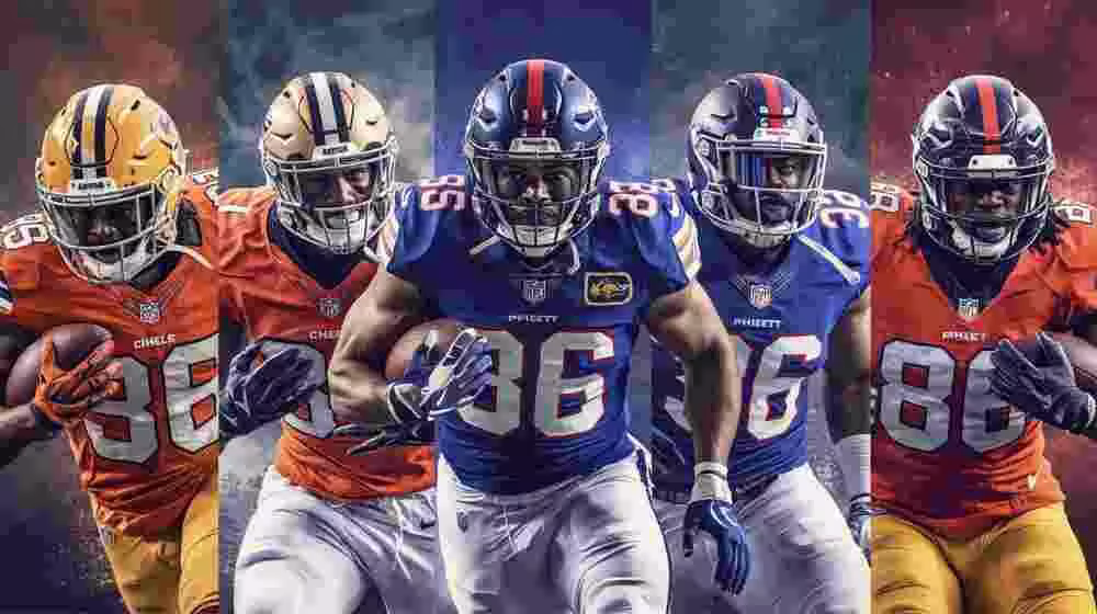 AI generated image of American football players in a football action pose wearing different colored number 86 jerseys.