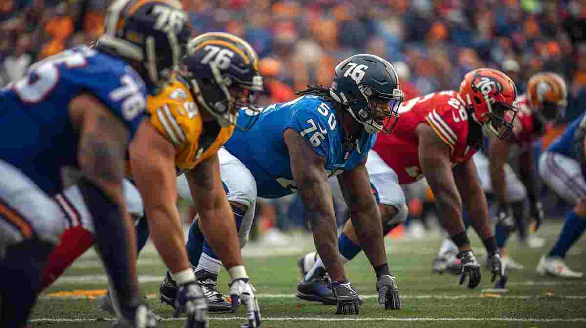 AI generated image of American football players in a football action pose wearing different colored number 76 jerseys.