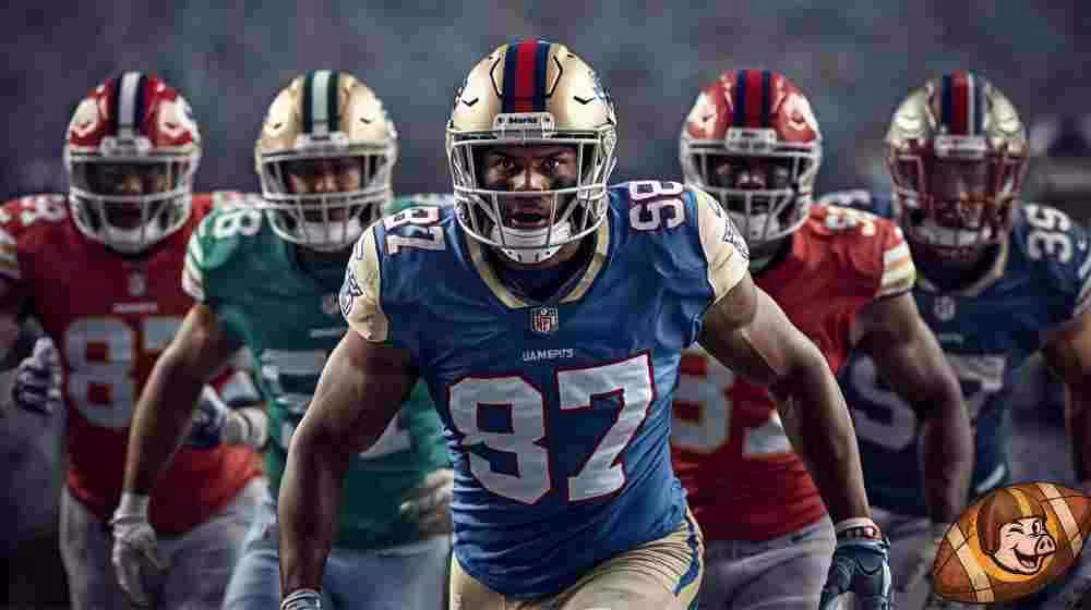 AI generated image of American football players in a football action pose wearing different colored number 87 jerseys.