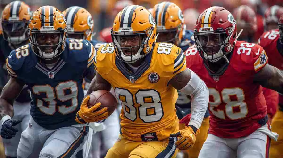 AI generated image of American football players in a football action pose wearing different colored number 88 jerseys.