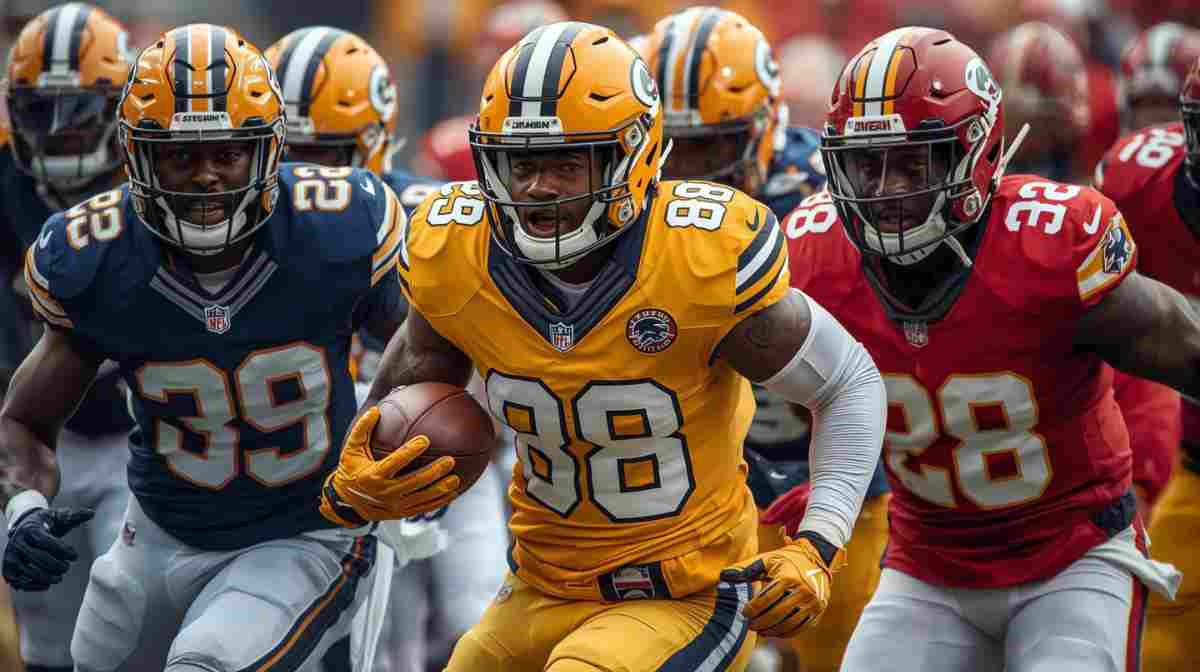 AI generated image of American football players in a football action pose wearing different colored number 88 jerseys.
