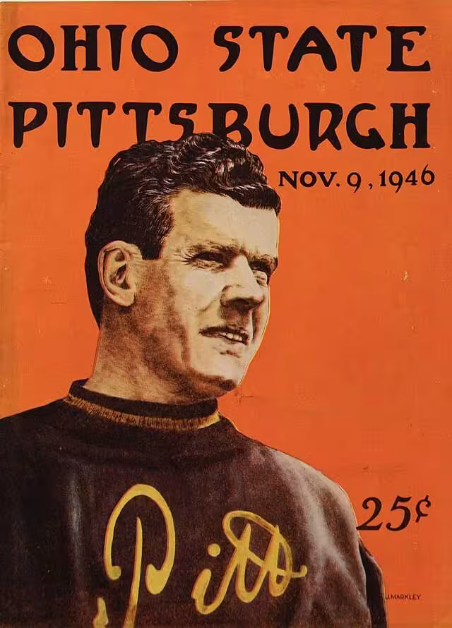 November 9, 1946 Ohio State University versus University of Pittsburgh football game program cover with image of Pitt Coach Jock Sutherland in water color against an orange background