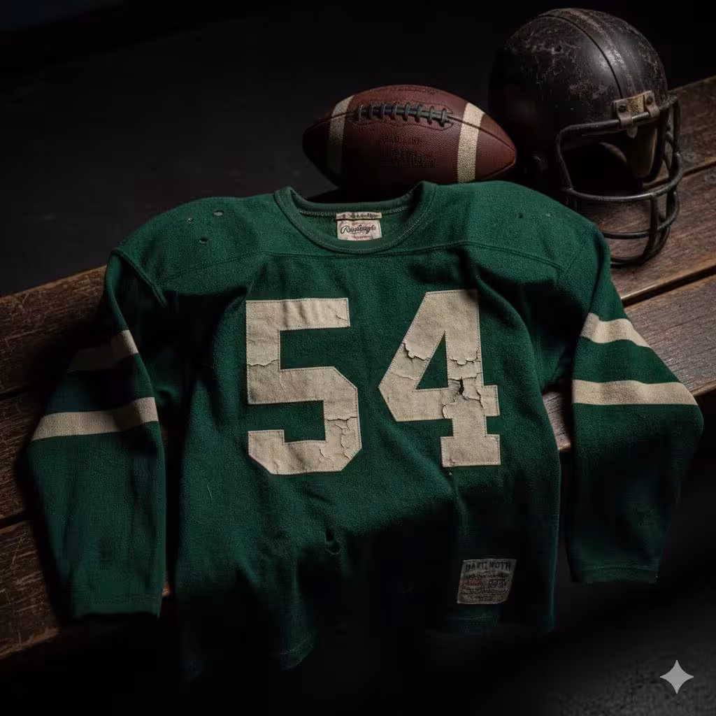 Image of a green football Jersey number 54 with a football helmet and ball.