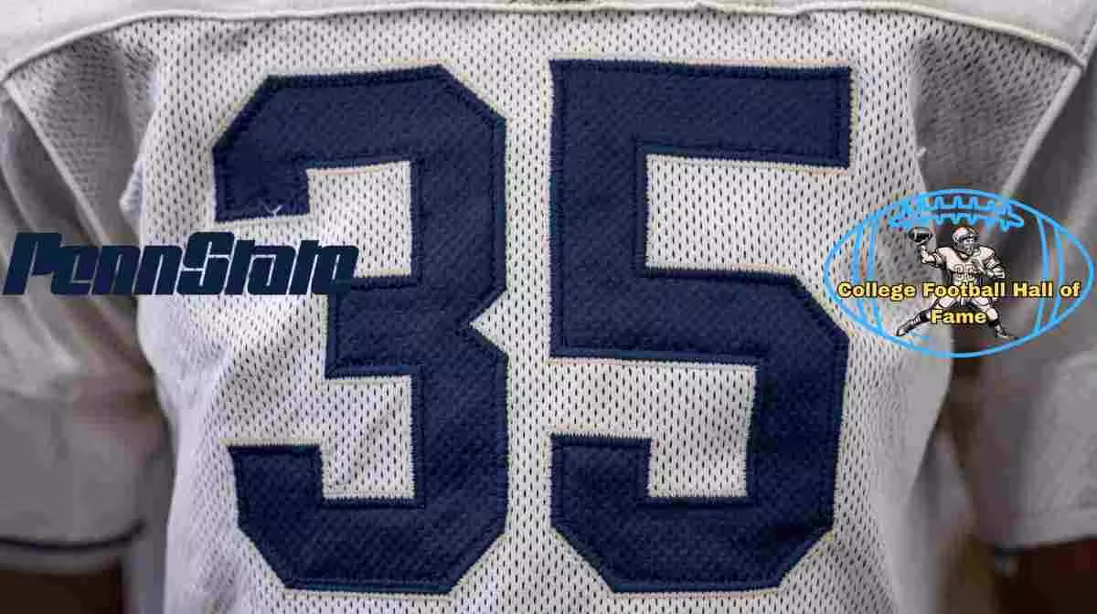 Image of a white with blue numerals Penn State football Jersey number 35 rendering with PD College football HOF emblem.