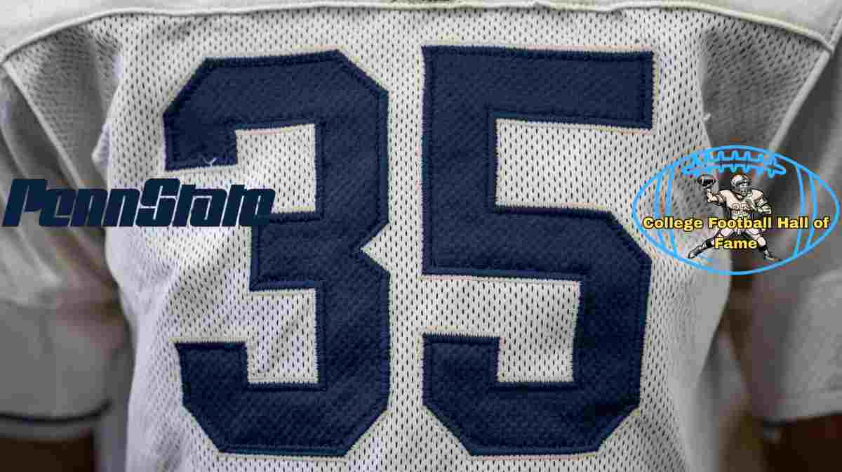 Image of a white with blue numerals Penn State football Jersey number 35 rendering with PD College football HOF emblem.