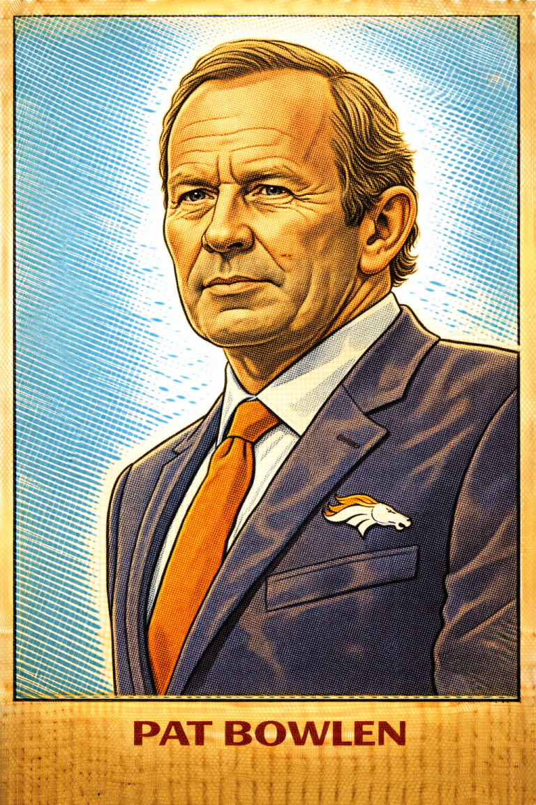 AI image of a football executive wearing a suit in sitting pose with a Broncos logo on his jacket