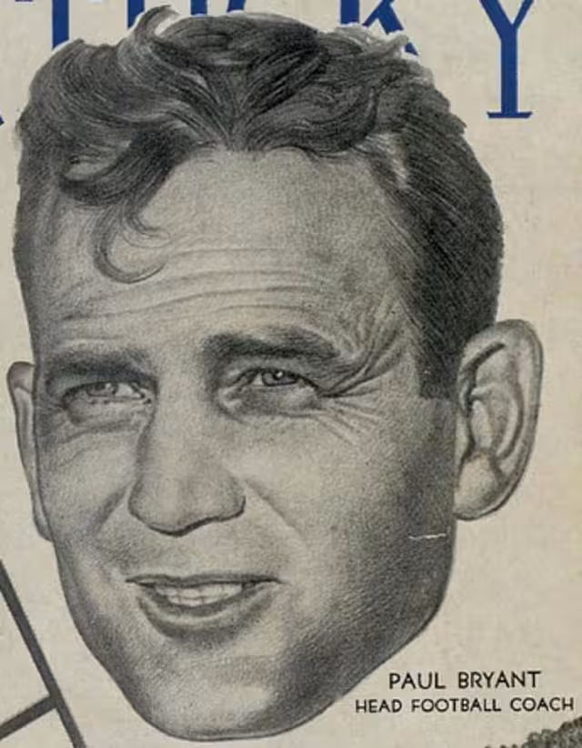 magazine cover of a head shot in black and white of Paul "Bear" Bryant, head coach of the Kentucky Wildcats football team, circa 1950