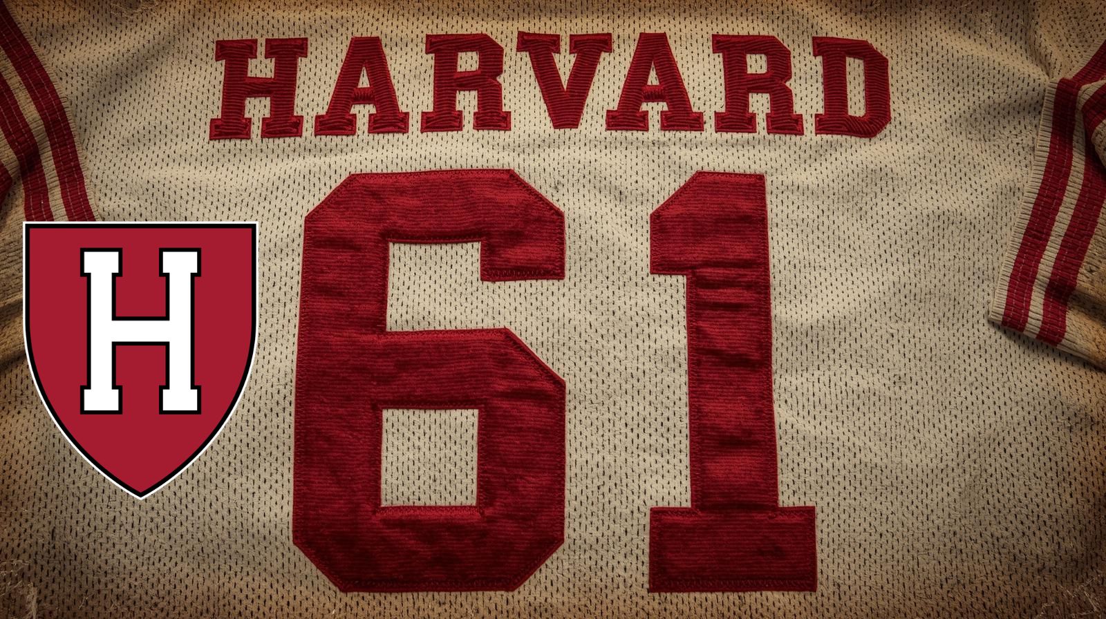 Image of a white with red lettering Harvard football Jersey number 61 rendering.