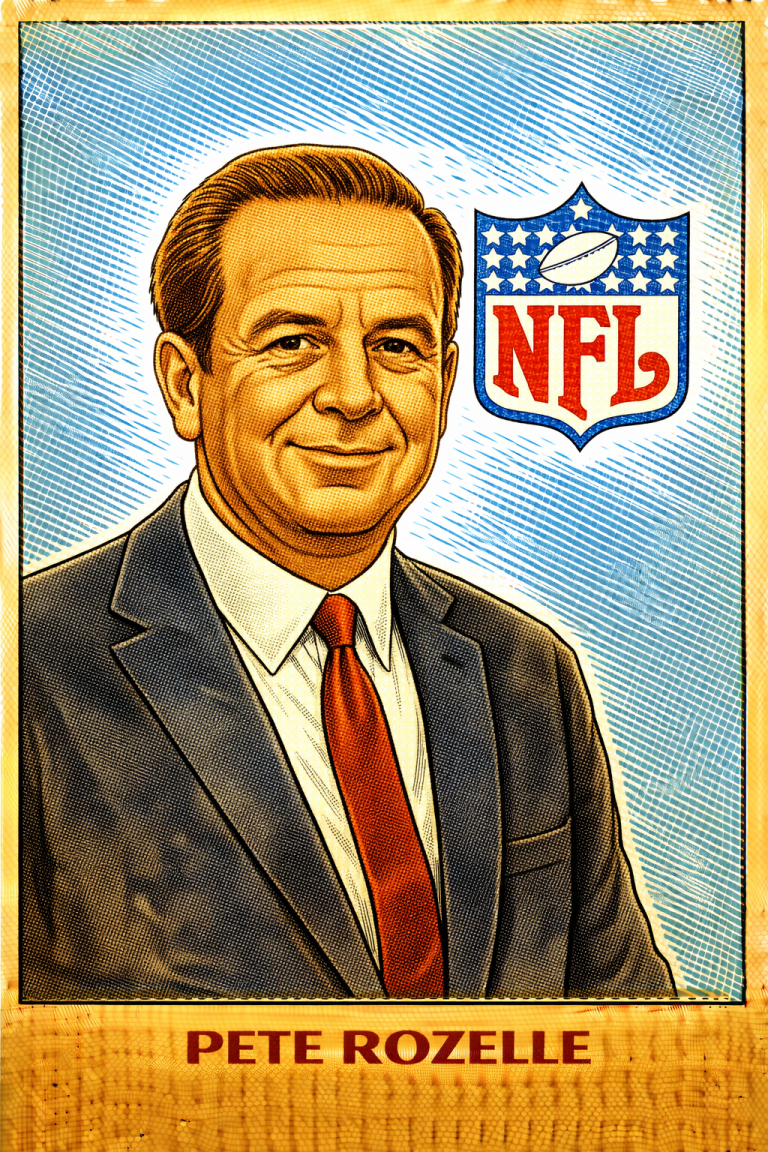 AI image of a football executive wearing a suit in sitting pose in front of the NFL shield