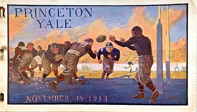 water color football game action of a player receiving a snap near his goal line upright Princeton versus Yale football program 1913