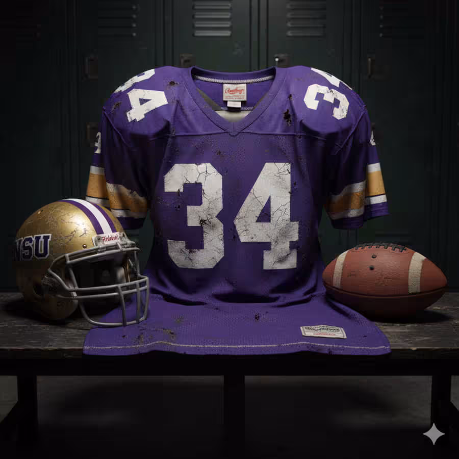 Image of a purple LSU football Jersey number 34 with a football helmet and ball.