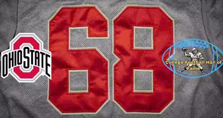 Image of a gray with red numerals Ohio State football Jersey number 68 rendering with PD College football HOF emblem.