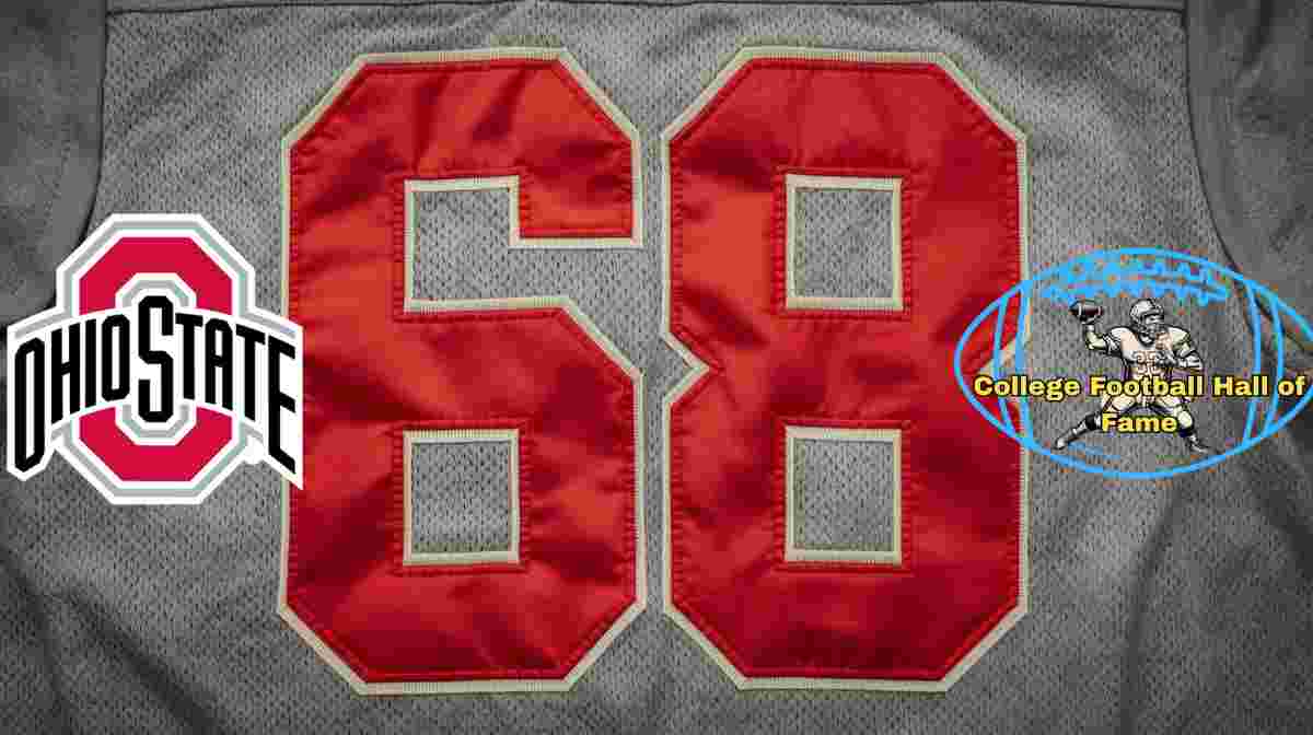 Image of a gray with red numerals Ohio State football Jersey number 68 rendering with PD College football HOF emblem.
