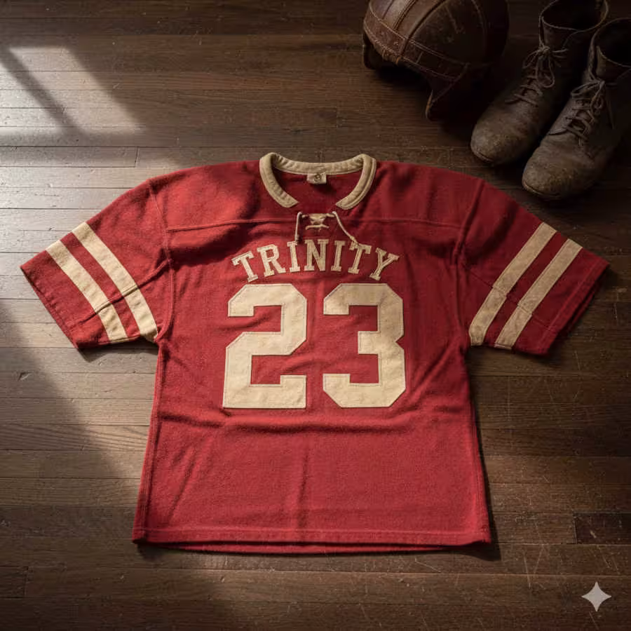 Image of a red Trinity football Jersey number 23 with a football helmet and old cleats.
