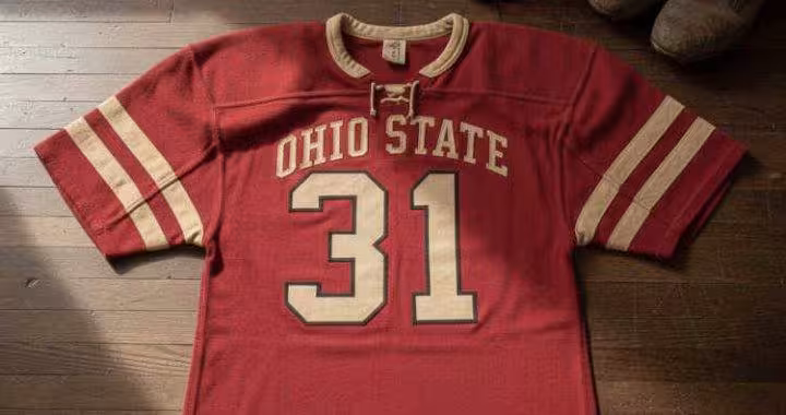 Image of a red Ohio State football Jersey number 31 with a football helmet and old cleats.