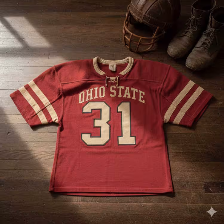 Image of a red Ohio State football Jersey number 31 with a football helmet and old cleats.