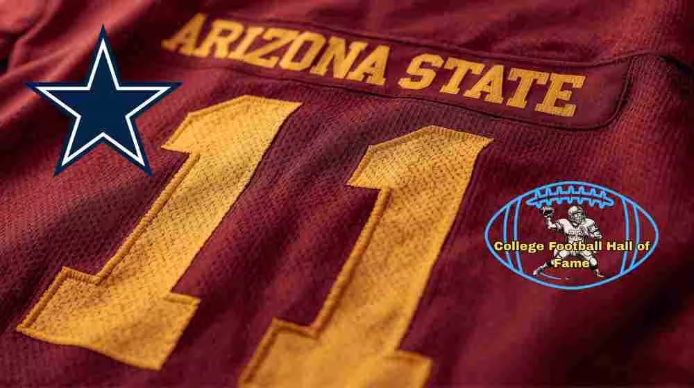 Image of a red with gold numerals Arizona State football Jersey number 11 rendering with PD College football HOF & Cowboys NFL emblems.