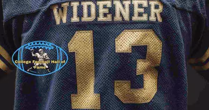 Image of a blue with white numerals widener football Jersey number 13 rendering with PD College football HOF emblem.