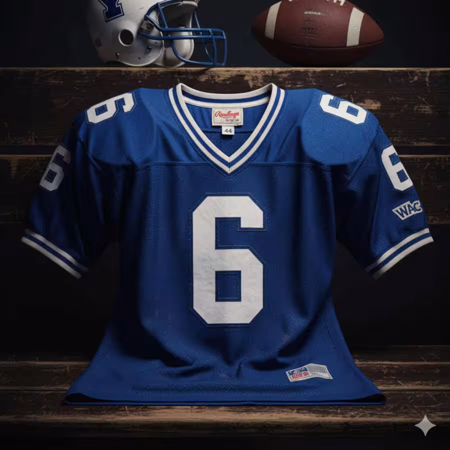 Image of a blue football Jersey number 6 with a WAC emblem embossed rendering with a football helmet and ball.