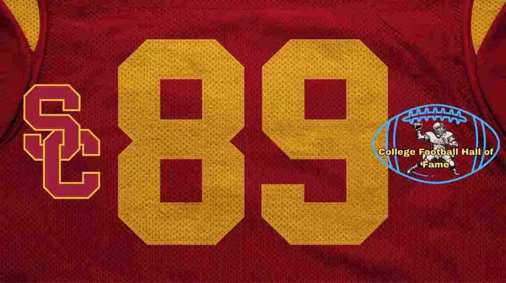 Image of a red with gold numerals USC football Jersey number 89 rendering with PD College football HOF emblem.