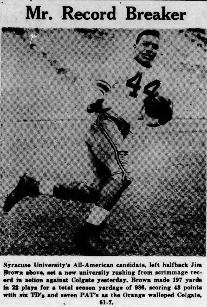 black and white newspaper image of Syracuse's Jim Brown in his white 'Cuse jersey 44 in a football pose without a helmet on