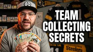 AI image of Ryam Minnigh in a steelers cap holding fanned out football cared on a back drop of Steelers football memorabilia with a title of "Team Collecting Secrets"