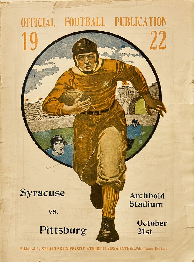 Cover of the official football program for the Syracuse University vs. University of Pittsburgh game held on October 21, 1922. The vintage cover features a detailed illustration of two football players in early 20th-century uniforms, with one player attempting to tackle the other. Text at the bottom identifies the teams and the location as Archbold Stadium.