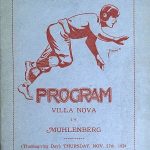 A vintage, two-tone football program cover from Thanksgiving Day, November 27, 1924. The design features a red line illustration of a football player in a low, lunging athletic stance, wearing a leather helmet, quilted trousers, and high-top cleats. The text, printed in red on a light blue-grey background, reads 'FOOT BALL PROGRAM,' 'VILLA NOVA vs. MUHLENBERG,' and 'Twenty-five Cents.' A decorative dotted border frames the entire cover.