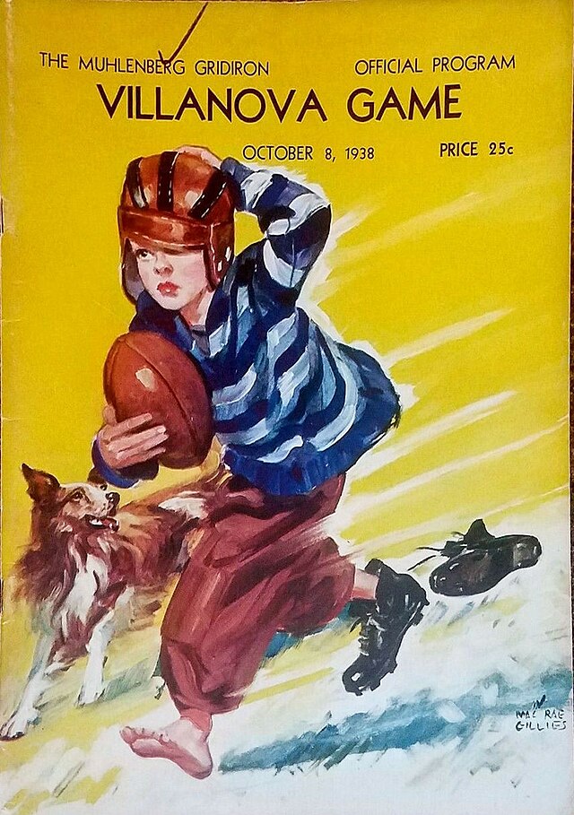The front cover of the official October 8, 1938, 'Muhlenberg Gridiron' football program for the Villanova game. The bright yellow cover features a color illustration of a young boy running with a football, wearing a blue-and-white striped sweater and a large brown leather helmet. A dog runs beside him, and the boy has lost one cleat, running barefoot on one foot. The artwork is signed by MacRae Gillies, and the price is listed as 25 cents.