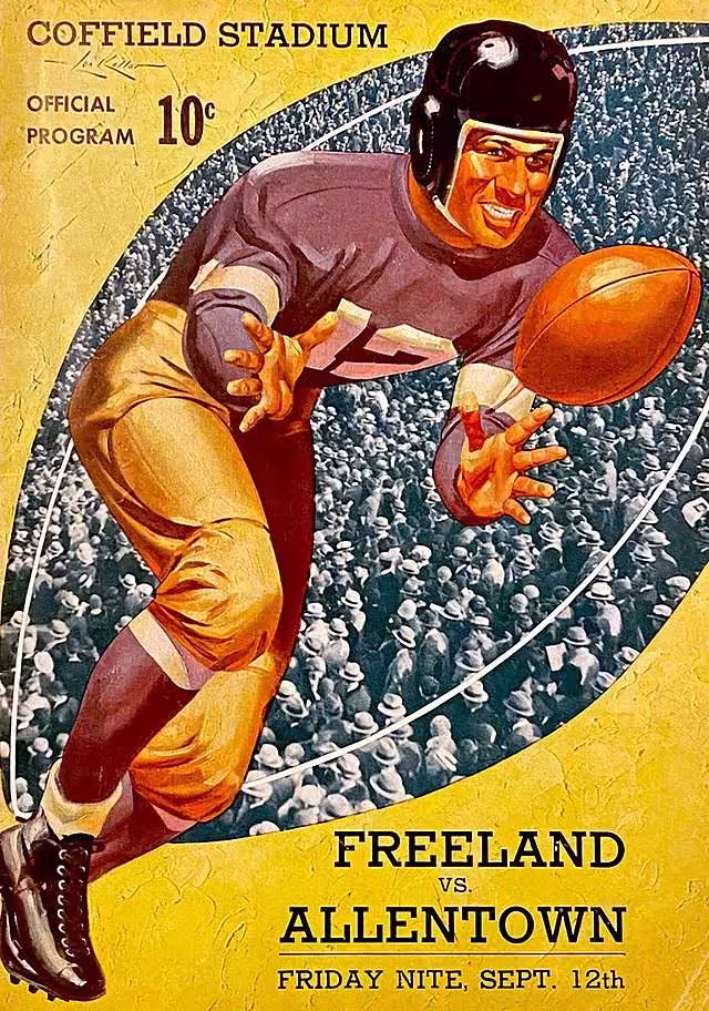 program cover image with a water color paining of a 1940 gridiron player catching a ball imposed over an image of a large crowd of fans