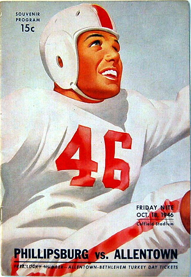 The front cover of a 15-cent souvenir football program for the Phillipsburg vs. Allentown game on Friday night, October 18, 1946. The illustration depicts a smiling football player in a white jersey with a large red #46 and a white helmet with a red center stripe. The game was held at Coffield Stadium. A note at the bottom mentions 'Free Lucky Number—Allentown-Bethlehem Turkey Day Tickets.