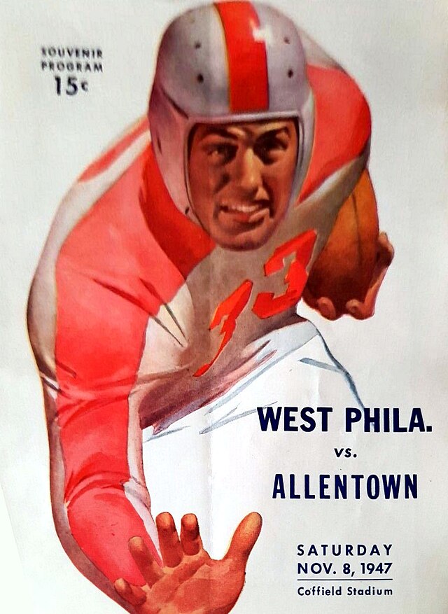 The front cover of a 1947 souvenir football program for the West Philadelphia vs. Allentown game. The vibrant color illustration features a ball carrier in a white and orange #33 jersey with a matching orange-striped silver helmet. He is shown mid-stride, stiff-arming toward the viewer. The game was held at Coffield Stadium on Saturday, November 8, 1947, with a listed price of 15 cents.
